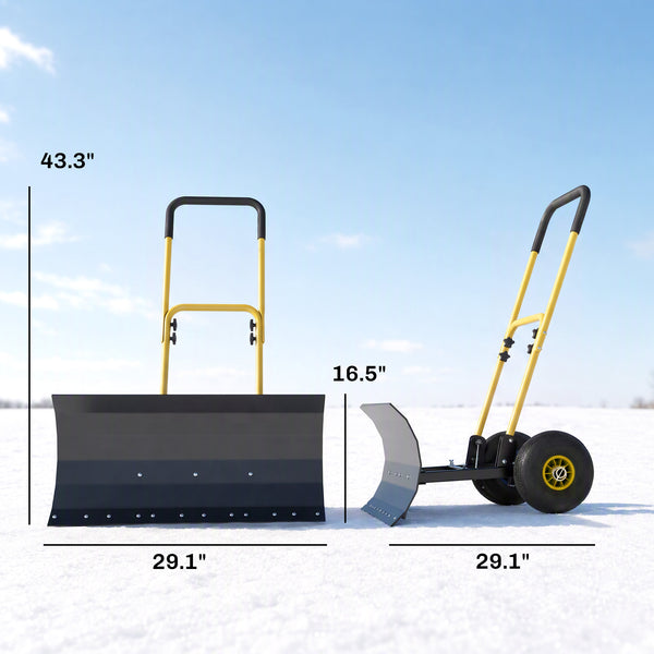 Snow Shovel with Wheels, 29" x 16.5" Heavy Duty Metal Snow Pusher with 5-Level Adjustable Handle, 5-Angle Blade and Non-Slip Grip, for Driveway, Sidewalks, Garden, Deck, Yellow