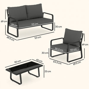 4 Piece Garden Furniture Set, Outdoor Sofa Set with Loveseat, 2 Armchairs, Coffee Table and Cushions, Patio Furniture Conversation Set for Poolside Porch, Black