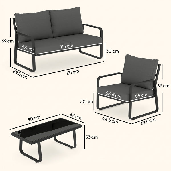 4 Piece Garden Furniture Set, Outdoor Sofa Set with Loveseat, 2 Armchairs, Coffee Table and Cushions, Patio Furniture Conversation Set for Poolside Porch, Black