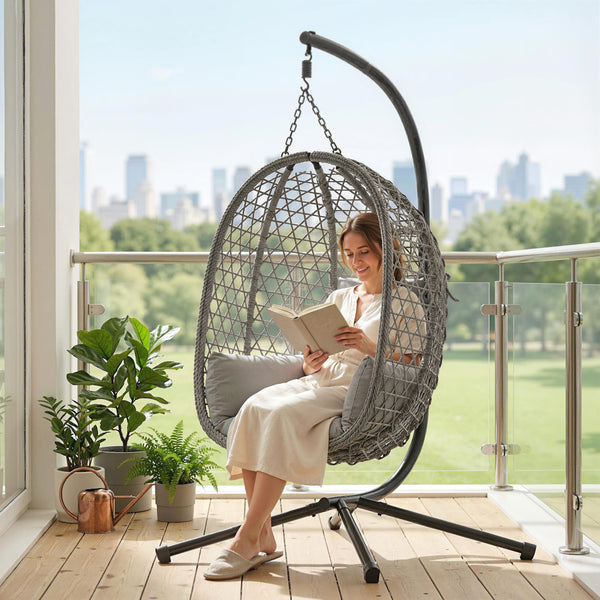 Hanging Egg Chair, Indoor Outdoor Rattan Hammock Swing Chair with Stand, Safety Strap, Foldable Basket, Thick Cushion, Headrest, Metal Frame for Garden Balcony Patio Lounge Porch, Dark Grey
