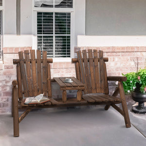 Outsunny 2-Seat Wooden Adirondack Chair, Patio Bench with Table, Outdoor Loveseat Fire Pit Chair for Porch, Backyard, Deck, Carbonized