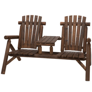 Outsunny 2-Seat Wooden Adirondack Chair, Patio Bench with Table, Outdoor Loveseat Fire Pit Chair for Porch, Backyard, Deck, Carbonized