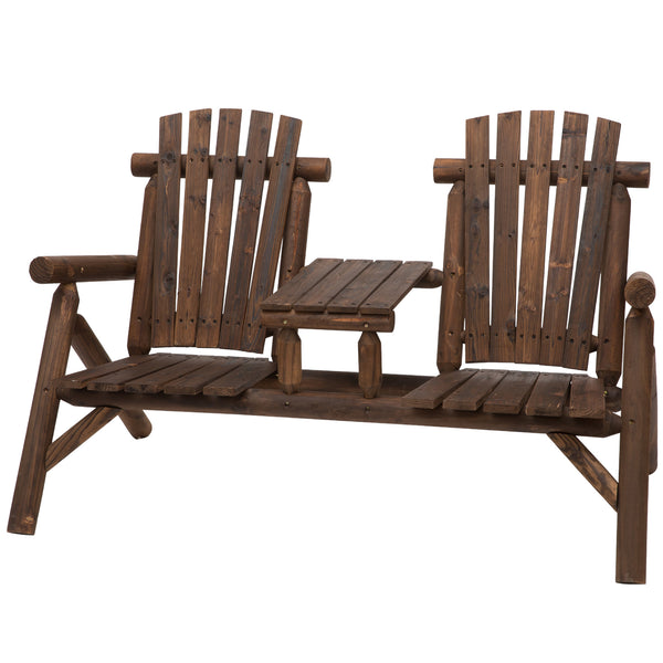 Outsunny 2-Seat Wooden Adirondack Chair, Patio Bench with Table, Outdoor Loveseat Fire Pit Chair for Porch, Backyard, Deck, Carbonized