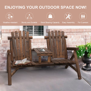 Outsunny 2-Seat Wooden Adirondack Chair, Patio Bench with Table, Outdoor Loveseat Fire Pit Chair for Porch, Backyard, Deck, Carbonized