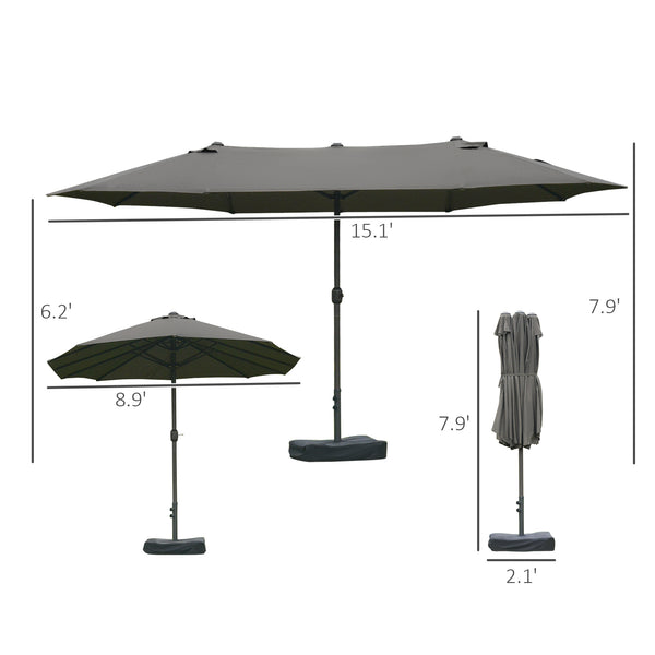 Outsunny Patio Umbrella 15' Steel Rectangular Outdoor Double Sided Market Umbrella with base, Sun Protection & Easy Crank for Deck Pool Patio, Dark Gray