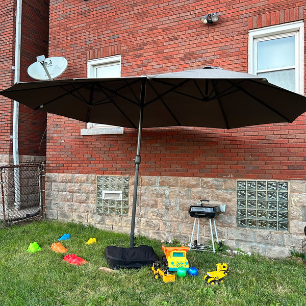 Outsunny Patio Umbrella 15' Steel Rectangular Outdoor Double Sided Market Umbrella with base, Sun Protection & Easy Crank for Deck Pool Patio, Dark Gray