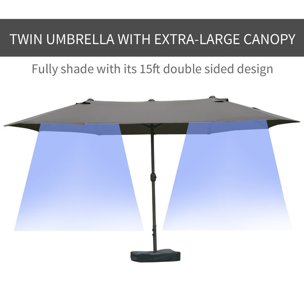 Outsunny Patio Umbrella 15' Steel Rectangular Outdoor Double Sided Market Umbrella with base, Sun Protection & Easy Crank for Deck Pool Patio, Dark Gray