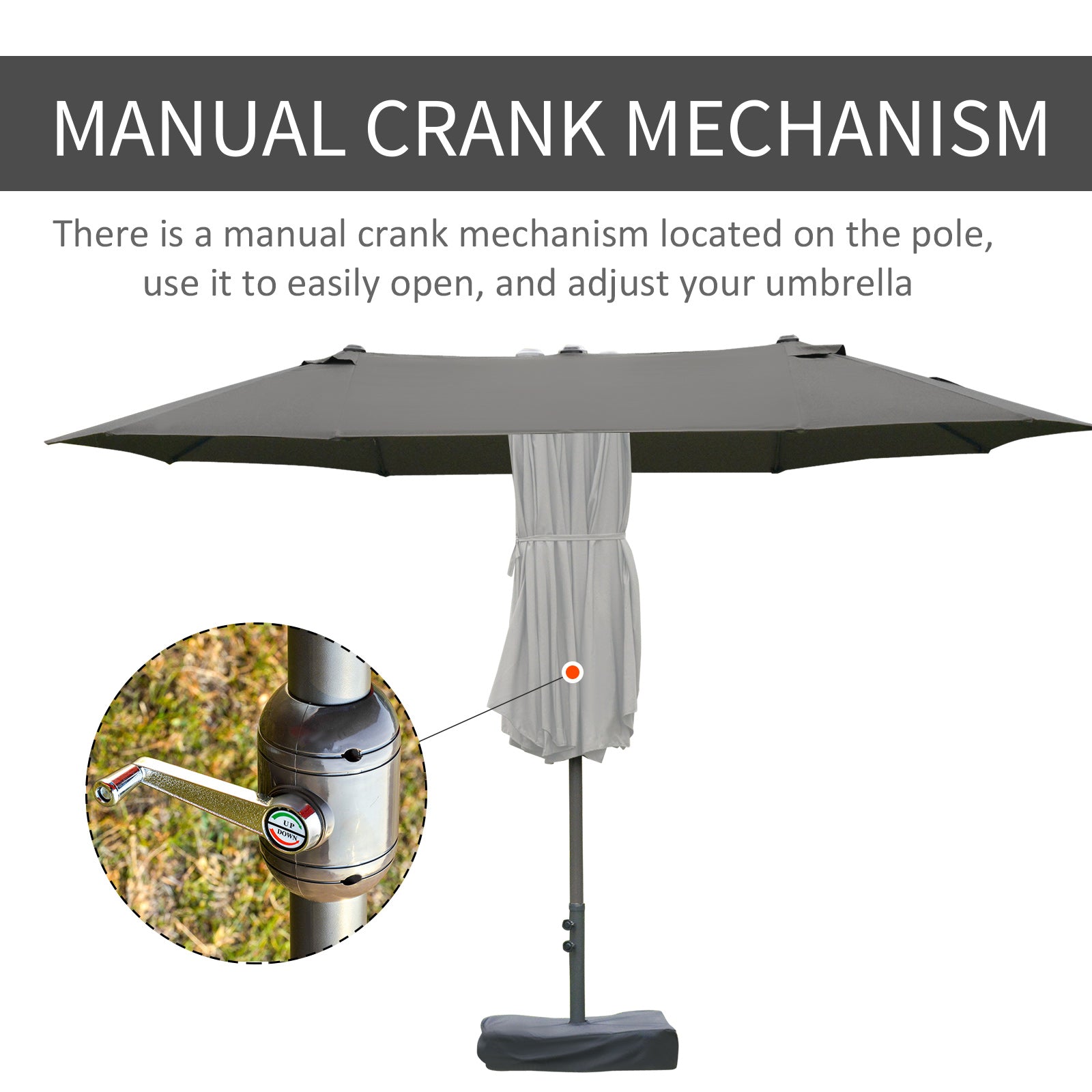 crank mechanism for patio umbrella Outsunny 15' Steel Rectangular Outdoor Double Sided Market Patio Umbrella with UV Sun Protection & Easy Crank
