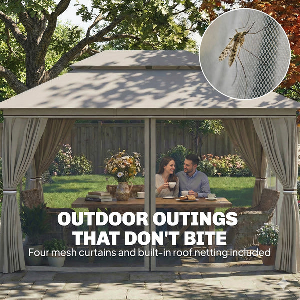 3 x 4 m Outdoor Garden Gazebo with Netting and Curtains, UPF50+ Double Roof Patio Gazebo Permanent Pavilion Canopy Shelter with Metal Frame, Drainage Holes, Beige