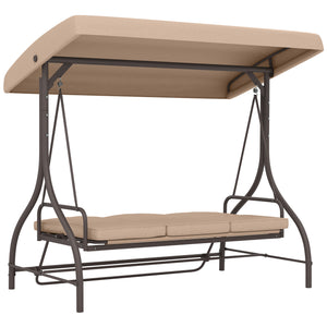 3 Seater Patio Swing Chair Convertible Cushioned Porch Swing Bed Outdoor Swing Seat with Canopy, Steel Frame for Porch, Backyard, Garden, Balcony, Khaki