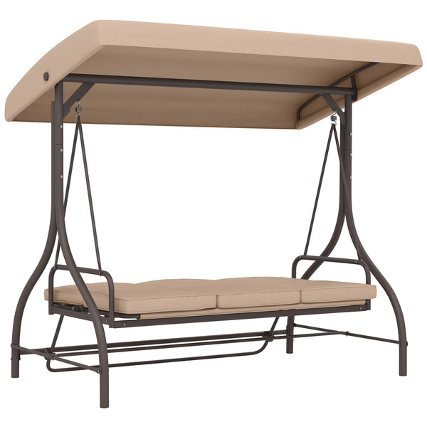 3 Seater Patio Swing Chair Convertible Cushioned Porch Swing Bed Outdoor Swing Seat with Canopy, Steel Frame for Porch, Backyard, Garden, Balcony, Khaki