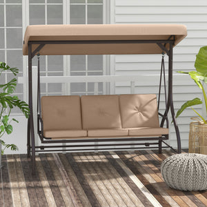 3 Seater Patio Swing Chair Convertible Cushioned Porch Swing Bed Outdoor Swing Seat with Canopy, Steel Frame for Porch, Backyard, Garden, Balcony, Khaki
