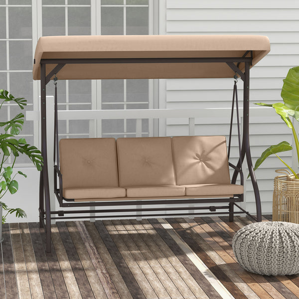 3 Seater Patio Swing Chair Convertible Cushioned Porch Swing Bed Outdoor Swing Seat with Canopy, Steel Frame for Porch, Backyard, Garden, Balcony, Khaki