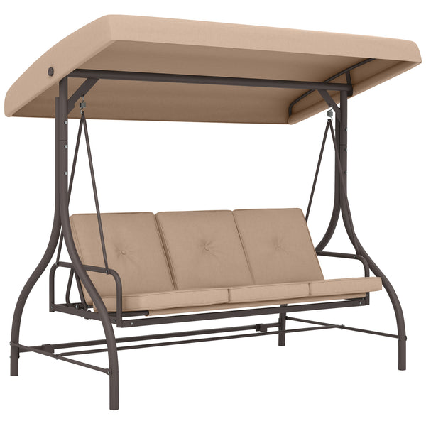 3 Seater Patio Swing Chair Convertible Cushioned Porch Swing Bed Outdoor Swing Seat with Canopy, Steel Frame for Porch, Backyard, Garden, Balcony, Khaki