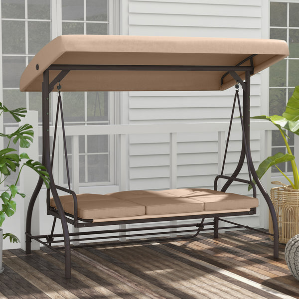 3 Seater Patio Swing Chair Convertible Cushioned Porch Swing Bed Outdoor Swing Seat with Canopy, Steel Frame for Porch, Backyard, Garden, Balcony, Khaki