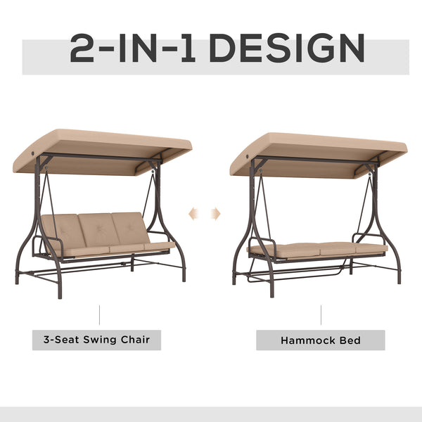 3 Seater Patio Swing Chair Convertible Cushioned Porch Swing Bed Outdoor Swing Seat with Canopy, Steel Frame for Porch, Backyard, Garden, Balcony, Khaki