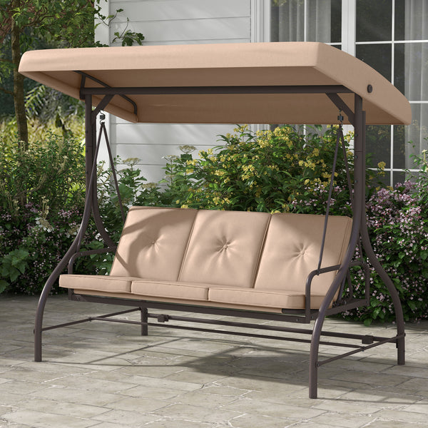 3 Seater Patio Swing Chair Convertible Cushioned Porch Swing Bed Outdoor Swing Seat with Canopy, Steel Frame for Porch, Backyard, Garden, Balcony, Khaki