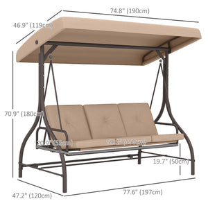 3 Seater Patio Swing Chair Convertible Cushioned Porch Swing Bed Outdoor Swing Seat with Canopy, Steel Frame for Porch, Backyard, Garden, Balcony, Khaki