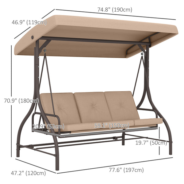 3 Seater Patio Swing Chair Convertible Cushioned Porch Swing Bed Outdoor Swing Seat with Canopy, Steel Frame for Porch, Backyard, Garden, Balcony, Khaki