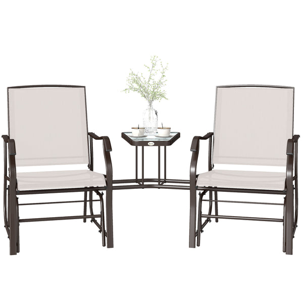 Outdoor Glider Chairs with Coffee Table, Patio 2-Seat Rocking Chair Swing Loveseat with Breathable Sling for Backyard, Garden, and Porch, Beige