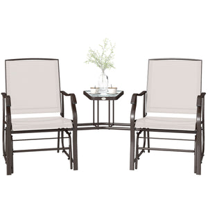 Double Patio Glider Chair with Glass Top Center Table, Outdoor Glider Loveseat with High Back,  All Weather Breathable Mesh Fabric for Garden, Backyard, Deck, Beige