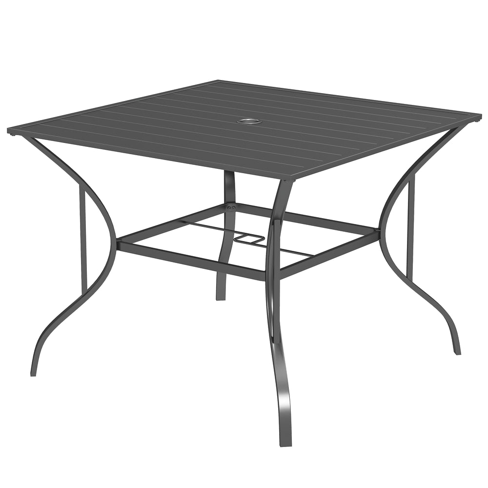 Outdoor Dining Table for Four, Patio Table with Parasol Hole, Square Garden Table with Slatted Metal Plate Top for Backyard, Poolside, Dark Grey