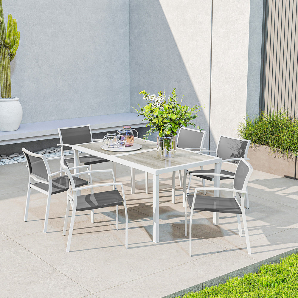 7 Pieces Patio Dining Set for 6 with Stackable Chairs, Outdoor Table and Chairs with Plastic Top, Breathable Mesh Seat and Back for Garden, Patio, Backyard, White and Grey