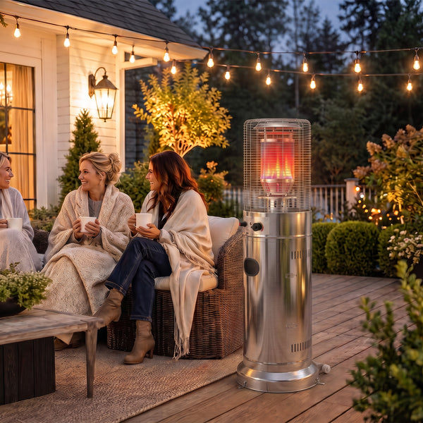 Gas Patio Heater, 13 kW Stainless Steel Portable Propane Outdoor Heater with Stepless Heat Control, Pulse Ignition, Protective Mesh, Tip-over Protection, 2 Wheels for Garden, Silver