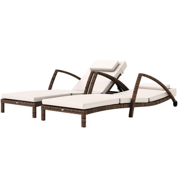 Outsunny Wicker Chaise Lounge Chair Outdoor Set of 2, 5-Position Adjustable Reclining Pool Lounge Chairs with Wheels, Rattan Outdoor Lounger with Cushion, Armrests for Poolside Beach Backyard, Beige