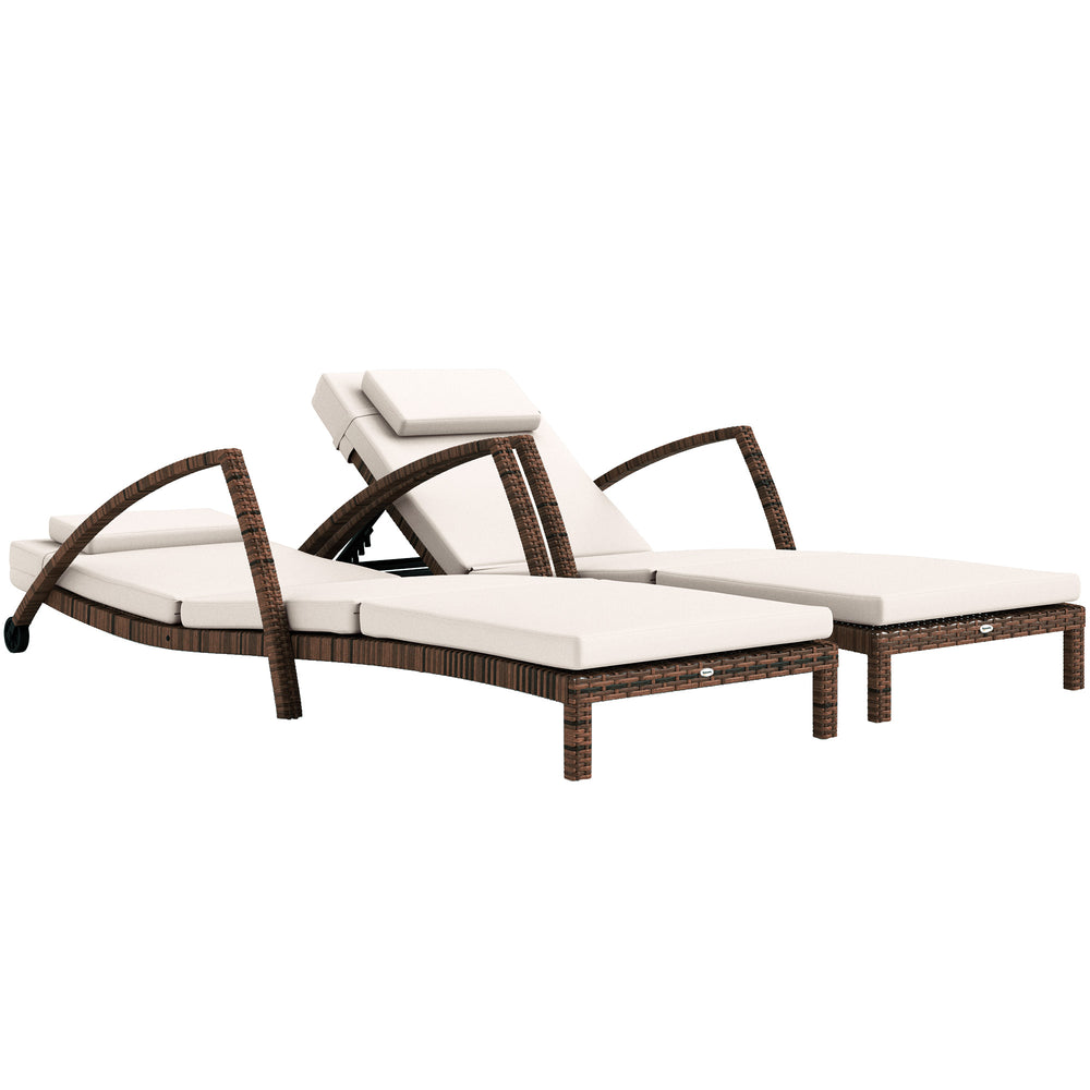 Outsunny Wicker Chaise Lounge Chair Outdoor Set of 2, 5-Position Adjustable Reclining Pool Lounge Chairs with Wheels, Rattan Outdoor Lounger with Cushion, Armrests for Poolside Beach Backyard, Beige