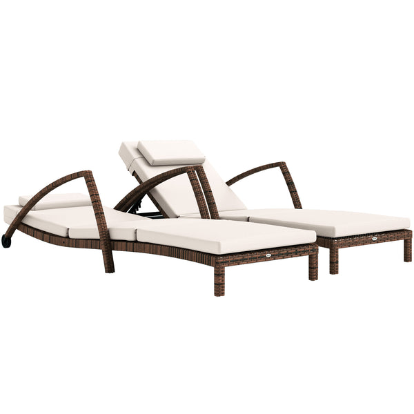 Outsunny Wicker Chaise Lounge Chair Outdoor Set of 2, 5-Position Adjustable Reclining Pool Lounge Chairs with Wheels, Rattan Outdoor Lounger with Cushion, Armrests for Poolside Beach Backyard, Beige