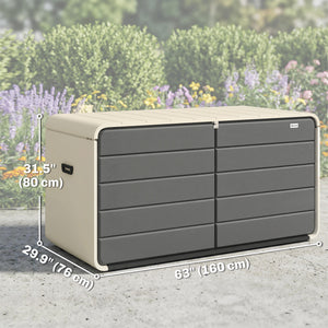 757 L Garden Storage Box, HDPE Deck Box with Wheels, Lockable Lid, Pneumatic Gas Rods and Side Handles, Outdoor Patio Storage Container for Garden Tools, Beige and Grey