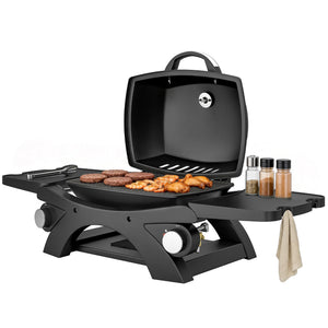 2 Burner Gas Grill with 2 Detachable Side Tables, 3.8 KW Steel Barbecue Grill with Cast Iron Grates, Tabletop BBQ with Lid, Thermometer, Grease Tray, 4 Hooks, Black