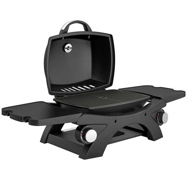 2 Burner Gas Grill with 2 Detachable Side Tables, 3.8 KW Steel Barbecue Grill with Cast Iron Grates, Tabletop BBQ with Lid, Thermometer, Grease Tray, 4 Hooks, Black