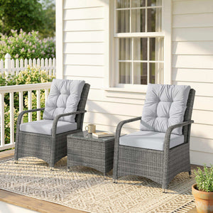 3 Pieces Rattan Bistro Set, Wicker Garden Furniture Set with Metal Frame, Cover, Glass Top Coffee Table, Chairs and Cushions for Outdoor, Patio, Balcony, Light Grey