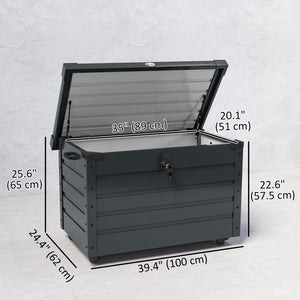 78 Gallon Garden Storage Box, Waterproof Outdoor Storage Container with Wheels and Handles, Lockable Galvanised Steel Outside Deck Box for Tools, Cushions, Dark Grey
