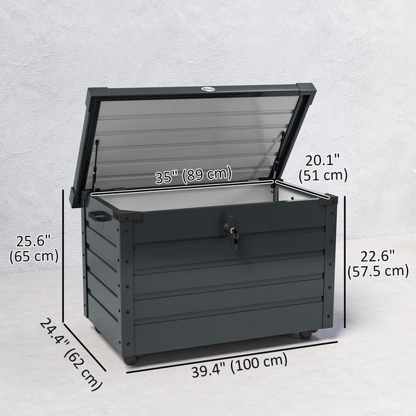 78 Gallon Garden Storage Box, Waterproof Outdoor Storage Container with Wheels and Handles, Lockable Galvanised Steel Outside Deck Box for Tools, Cushions, Dark Grey