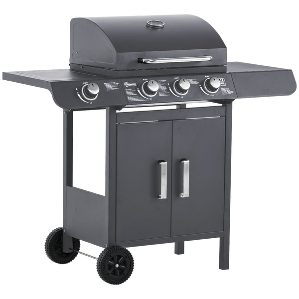 3+1 Burner Gas BBQ Gril with Side Burner, Warming Rack & Thermometer, 110 x 50 x 100cm, Grey