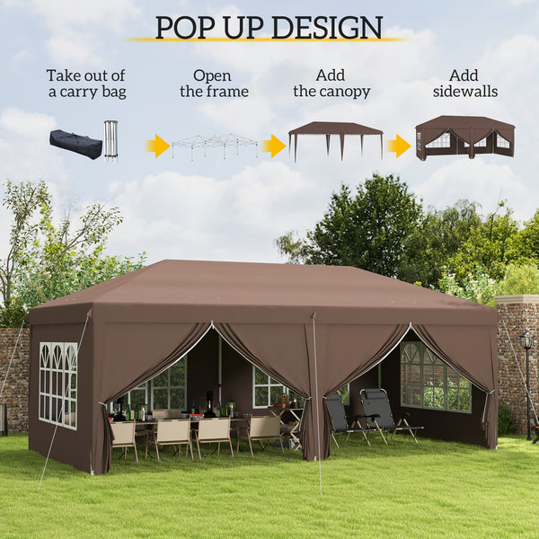 3 x 6 m Pop Up Gazebo with Sides and Windows, Height Adjustable Wedding Camping Party Tent Canopy Marquee with Storage Bag for Garden, Event, Brown