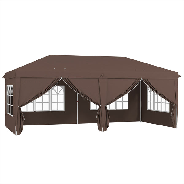 3 x 6 m Pop Up Gazebo with Sides and Windows, Height Adjustable Wedding Camping Party Tent Canopy Marquee with Storage Bag for Garden, Event, Brown