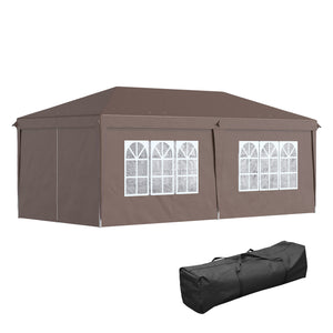 3 x 6 m Pop Up Gazebo with Sides and Windows, Height Adjustable Wedding Camping Party Tent Canopy Marquee with Storage Bag for Garden, Event, Brown