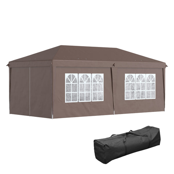 3 x 6 m Pop Up Gazebo with Sides and Windows, Height Adjustable Wedding Camping Party Tent Canopy Marquee with Storage Bag for Garden, Event, Brown