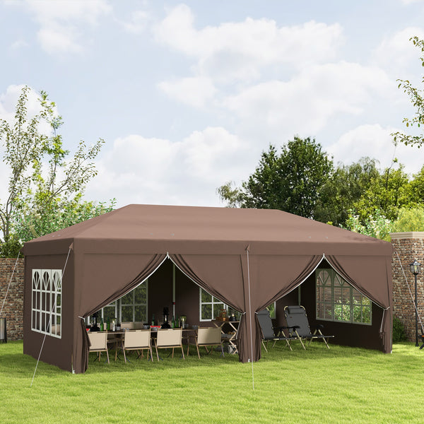 3 x 6 m Pop Up Gazebo with Sides and Windows, Height Adjustable Wedding Camping Party Tent Canopy Marquee with Storage Bag for Garden, Event, Brown
