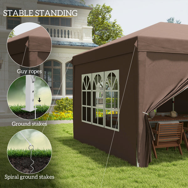 3 x 6 m Pop Up Gazebo with Sides and Windows, Height Adjustable Wedding Camping Party Tent Canopy Marquee with Storage Bag for Garden, Event, Brown
