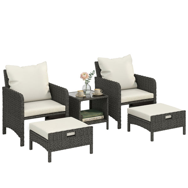 5 Piece Patio Furniture Set, Wicker Balcony Furniture with 23.6" Wide Deep Seat, 2 Ottomans, Glass Coffee Table, Cushions, Rattan Outdoor Conversation Patio Set for Garden Porch, Beige