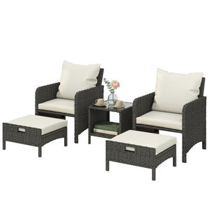 5 Piece Patio Furniture Set, Wicker Balcony Furniture with 23.6" Wide Deep Seat, 2 Ottomans, Glass Coffee Table, Cushions, Rattan Outdoor Conversation Patio Set for Garden Porch, Beige