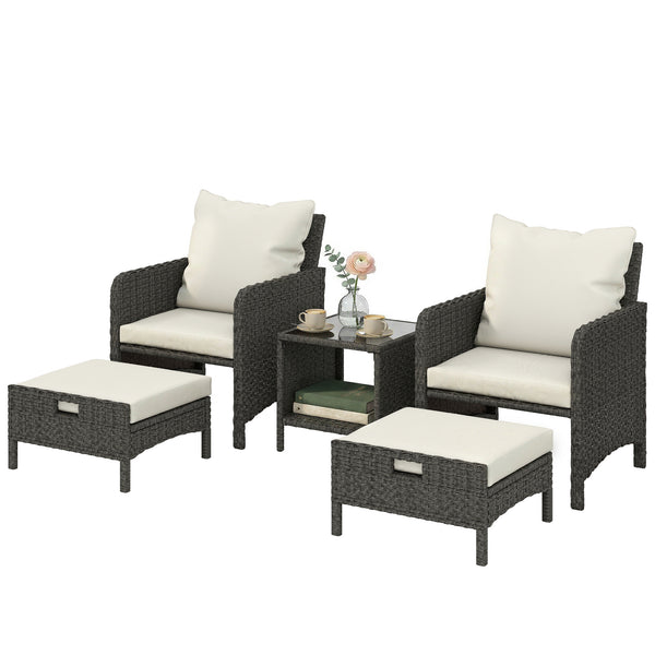5 Piece Patio Furniture Set, Wicker Balcony Furniture with 23.6" Wide Deep Seat, 2 Ottomans, Glass Coffee Table, Cushions, Rattan Outdoor Conversation Patio Set for Garden Porch, Beige