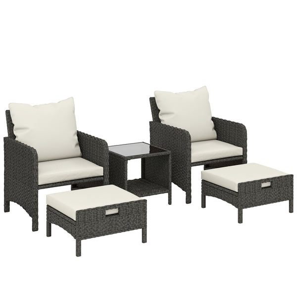 5 Piece Patio Furniture Set, Wicker Balcony Furniture with 23.6" Wide Deep Seat, 2 Ottomans, Glass Coffee Table, Cushions, Rattan Outdoor Conversation Patio Set for Garden Porch, Beige