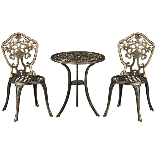 3 Piece Cast Aluminium Garden Bistro Set for 2 with Parasol Hole, Outdoor Coffee Table Set, Two Armless Chairs and Round Coffee Table for Balcony, Patio, Bronze
