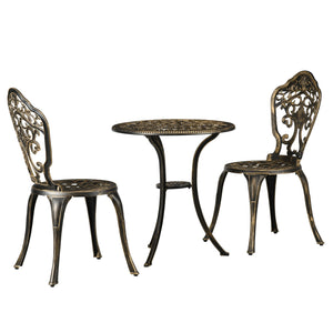 3 Piece Cast Aluminium Garden Bistro Set for 2 with Parasol Hole, Outdoor Coffee Table Set, Two Armless Chairs and Round Coffee Table for Balcony, Patio, Bronze